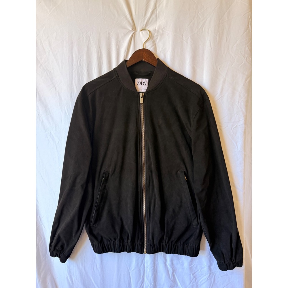 Zara Man Black Faux Suede Bomber Jacket Full Zip Ribbed Trim Mens Large